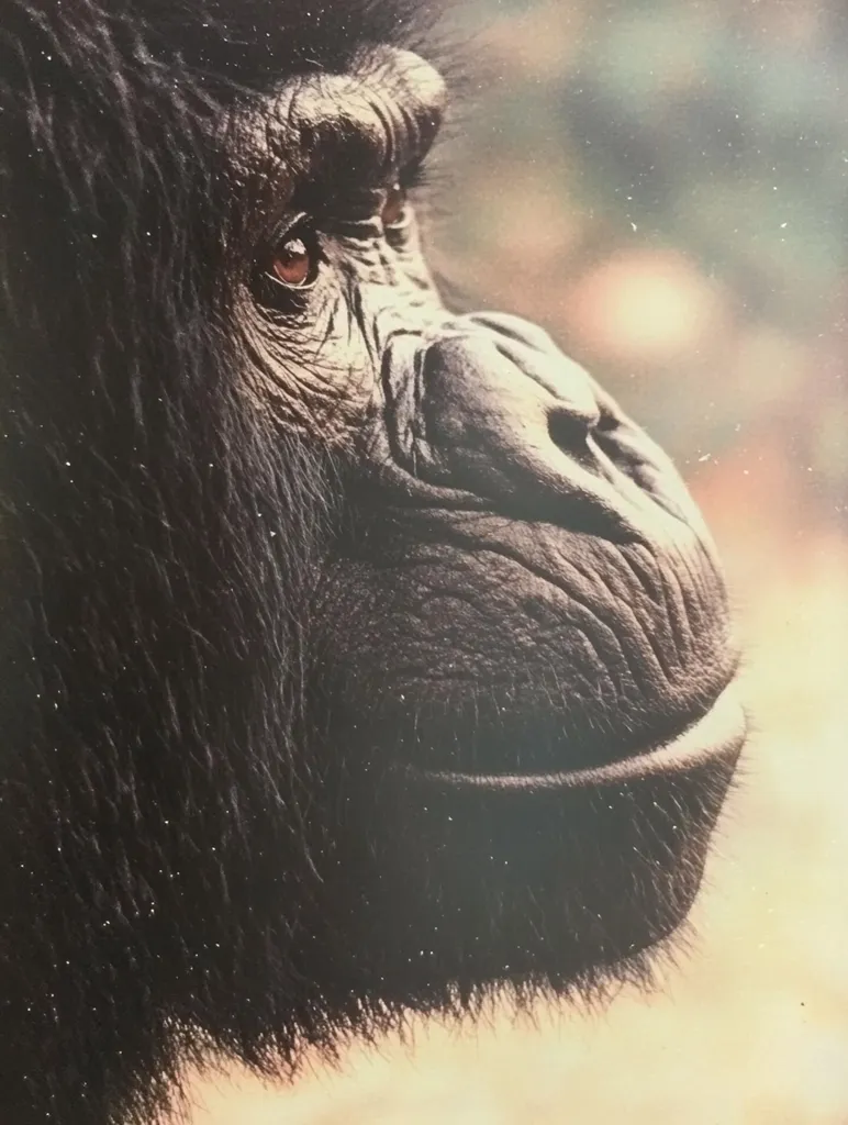 The image shows a close-up of a gorilla's face. The gorilla's fur is black and its skin is dark. The gorilla's eyes are closed and its mouth is slightly open. The gorilla's face is covered in wrinkles. The background is blurred, with a hint of green and brown. The image is likely taken from a photograph, as the resolution is quite low.