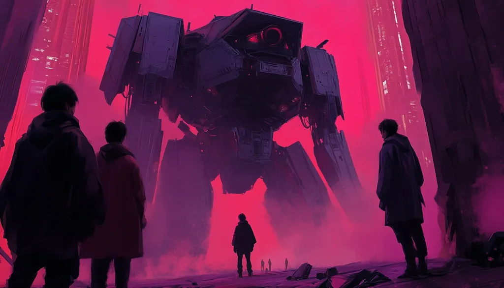 A massive, metallic robot looms over a group of figures in a neon-drenched, futuristic landscape. The robot stands against a crimson backdrop, with glowing red lights illuminating its imposing frame. The figures stand silhouetted, their small size highlighting the machine's sheer power. The scene evokes a sense of awe and trepidation.