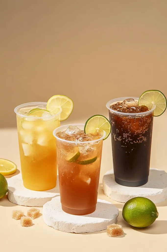 Three iced drinks in clear plastic cups are arranged on white coasters against a beige background. Each drink is topped with a lime wedge. The drinks are a light yellow, a brown, and a dark black. There are also some lime slices and sugar cubes scattered around the base of the image. The image is bright and cheerful.