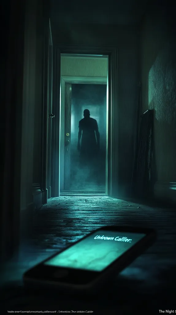 The image depicts a dimly lit hallway with a shadowy figure standing at the end of a doorway. The figure is obscured by a haze of green light, giving the scene an eerie atmosphere. A cell phone lies on the floor, its screen illuminating the words "Unknown Caller," adding to the sense of dread and anticipation. The image evokes a feeling of suspense and mystery.