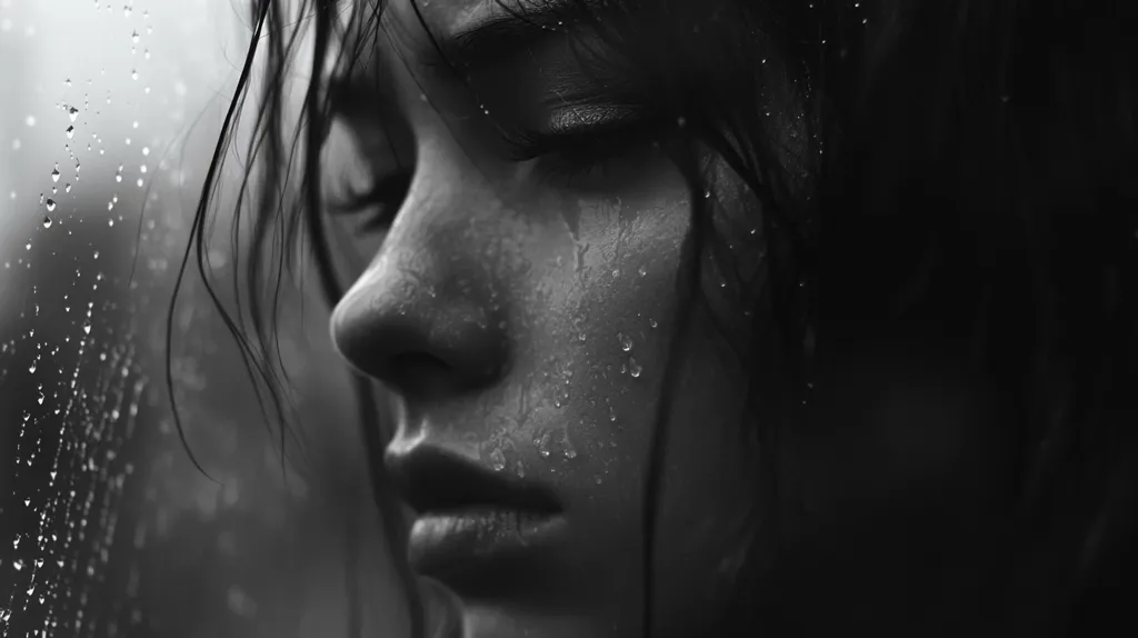 The image is a close-up black and white portrait of a young woman's face. Her eyes are closed and her expression is somber.  Water droplets are visible on her skin and hair, suggesting that she has been crying. The background is blurry, focusing attention on her face.  The overall mood is melancholy and introspective.