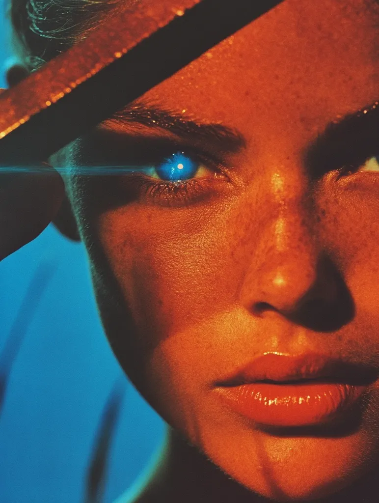 The image is a close-up portrait of a woman's face. Her right eye is partially visible and appears to be glowing with a bright blue light. Her face is illuminated with a warm, orange light, highlighting her freckles and the curve of her cheekbone. Her lips are full and slightly parted, adding a sense of mystery to the overall mood. The image is likely taken in a dimly lit environment, creating a sense of intimacy. The focus is on her gaze, drawing the viewer's attention to her penetrating eyes. The overall effect is one of allure and intrigue.