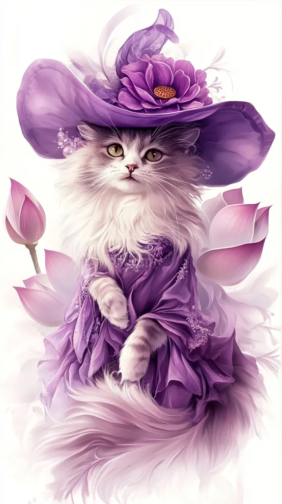 A white cat with a fluffy tail is wearing a purple dress and a large purple hat decorated with a flower. The cat is sitting against a background of pink lotus flowers, with its paw resting on the dress. The soft focus and delicate details create a whimsical and feminine atmosphere. The image suggests a sense of elegance and beauty.