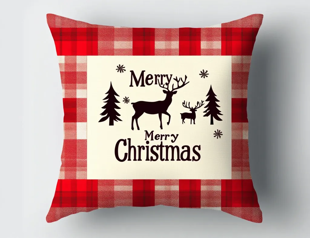 The image shows a red and white checkered throw pillow with a white rectangle in the center. The rectangle features a Christmas greeting "Merry Christmas" with two reindeer and two Christmas trees. The pillow is isolated on a white background. The design is simple but festive and perfect for the holiday season.