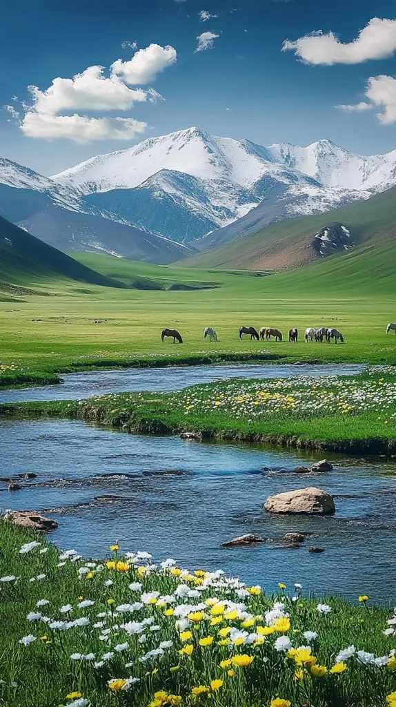 A serene landscape unfolds with a winding river snaking through a lush green valley. The foreground is adorned with a carpet of white and yellow wildflowers. In the distance, majestic snow-capped mountains rise against a backdrop of a clear blue sky. A small herd of horses graze peacefully in the valley, adding a touch of tranquility to the scene. The image evokes a sense of peace and serenity.