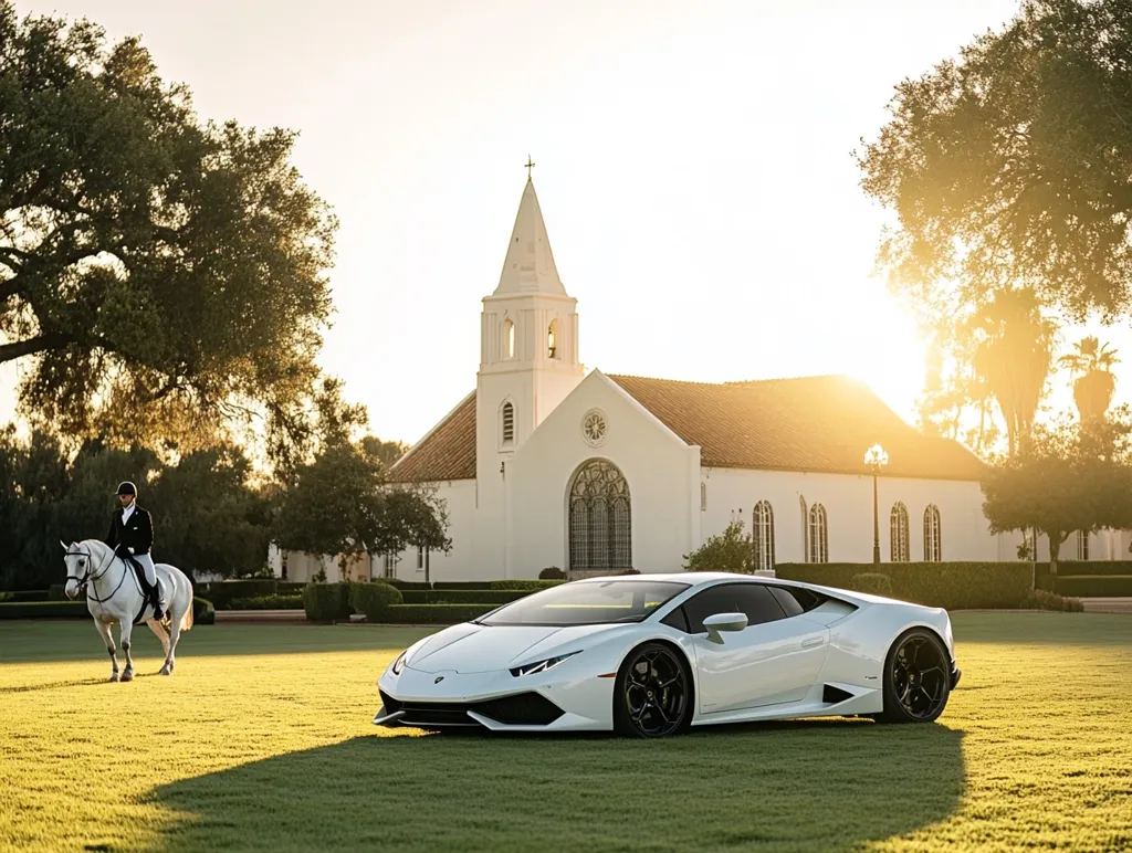 A white Lamborghini sports car is parked on a grassy lawn in front of a white church with a red tile roof. The sun is shining brightly and the sky is a clear blue. A person is riding a white horse in the background. The scene is serene and peaceful, capturing the beauty of a picturesque landscape.
