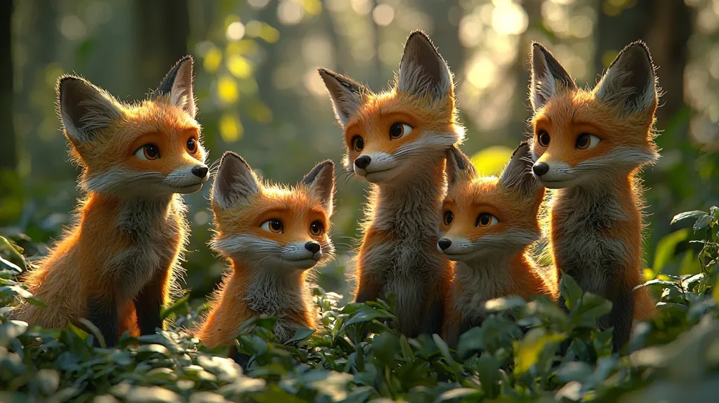 Five fox kits are gathered in a lush, green forest.  They are all looking in different directions, with their big, curious eyes.  The sun shines through the trees, casting a warm glow on their orange fur.  They are surrounded by ferns and other foliage, making them look like they are part of the natural world.  The image is a beautiful example of wildlife photography.