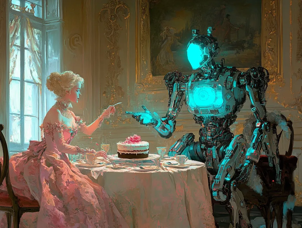 A woman in a pink dress sits at a table set for tea, politely offering a slice of cake to a towering, metallic robot with glowing blue lights in its head and chest. The robot's hand is outstretched towards the cake, while its other hand rests on a chair. The scene is set in a grand, ornate room with a large window and artwork on the walls.  The juxtaposition of the elegant woman and the imposing robot creates a striking and imaginative image.