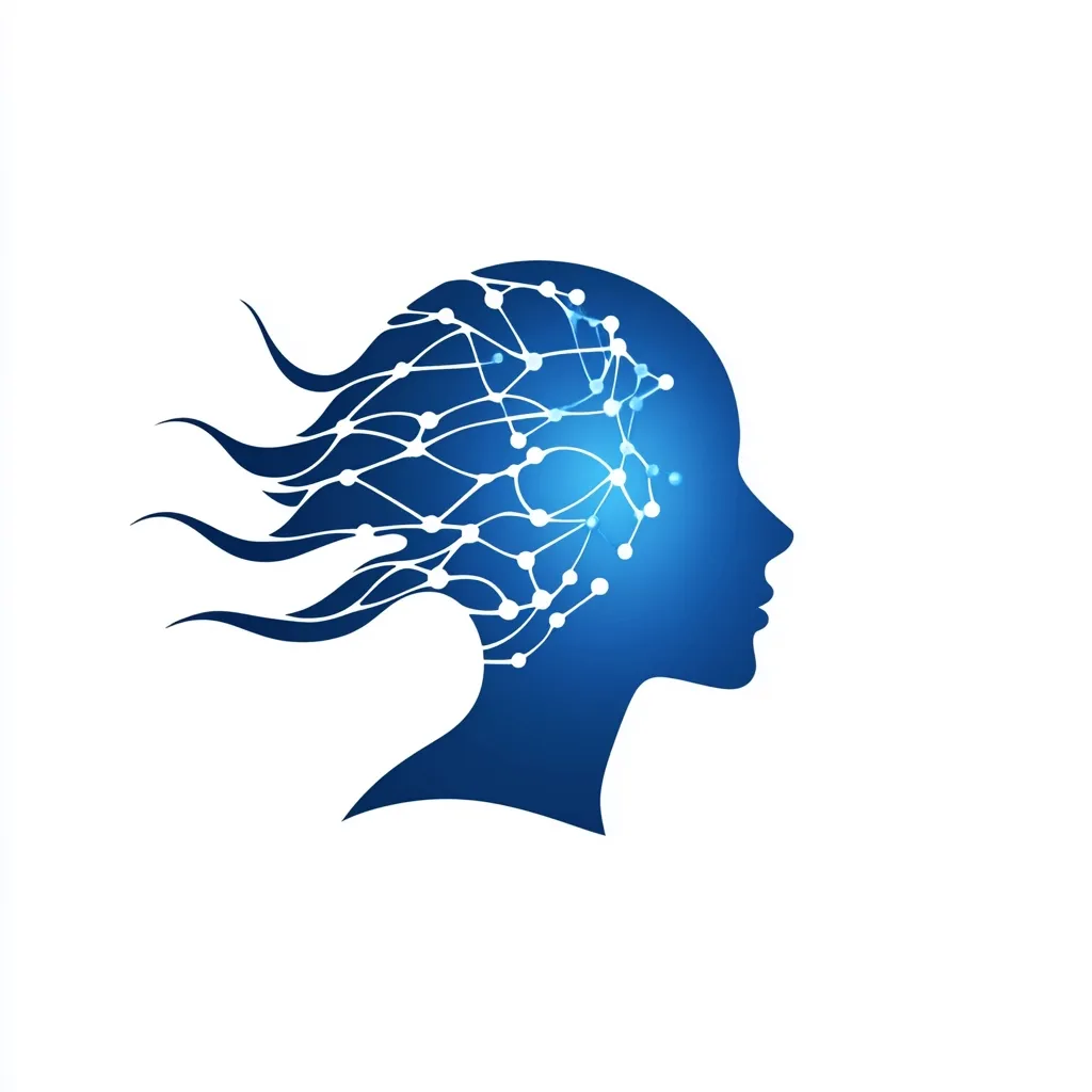 The image depicts a blue silhouette of a woman's head in profile. The inside of her head is filled with a network of white lines and dots, resembling a neural network or a complex system of connections. The lines extend outwards, forming a flowing, abstract hairstyle. The image suggests the concept of  thought, intelligence, and connection.
