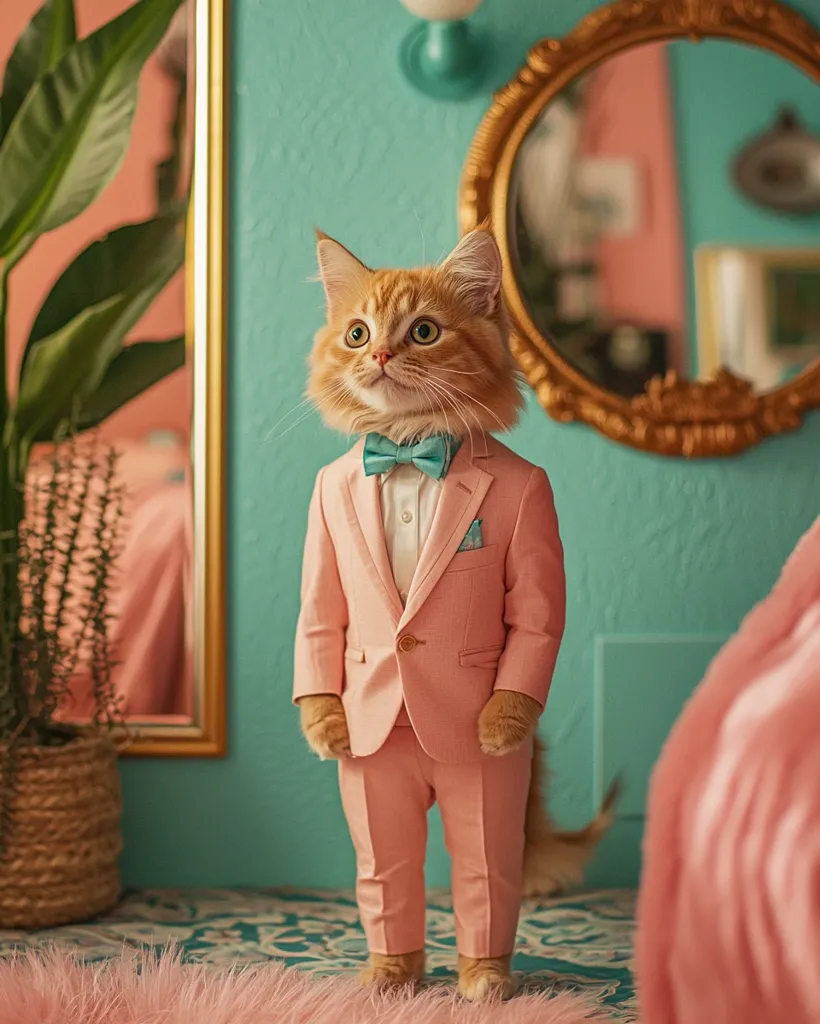 A ginger cat is dressed in a pink suit and a turquoise bowtie. The cat is standing in front of a turquoise wall, with a gold framed mirror on the wall behind it. A potted plant sits on the left side of the image, and a pink fuzzy blanket is on the right. The cat is looking up and to the left, as if posing for a photo. The background is blurred, creating a shallow depth of field.