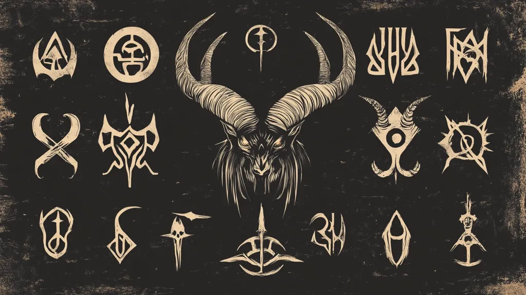 The image is a collection of 16 symbols, all drawn in a stylized, gothic-inspired manner. They are primarily geometric shapes with angular lines, with an overall dark and ominous feel.  The central symbol is a large, horned beast with sharp eyes and a menacing expression. The other symbols are arranged around it in a seemingly random pattern. The overall feel of the image is mysterious, powerful, and perhaps even threatening. The background is a dark, textured canvas that adds to the overall atmosphere of mystery and intrigue.