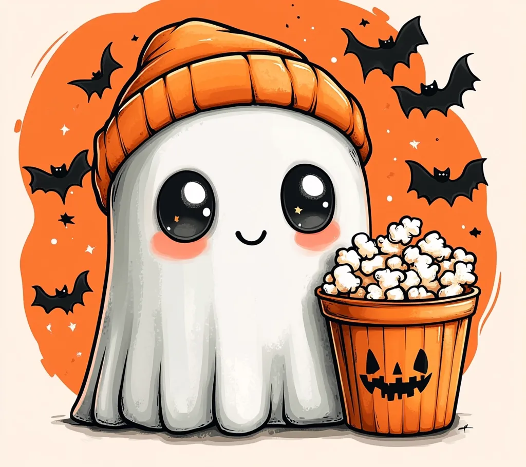 A cartoon ghost with large, expressive eyes is wearing an orange beanie hat and holding a pumpkin-shaped bucket filled with popcorn. The ghost is smiling and surrounded by bats against an orange background, creating a cute and festive Halloween scene.
