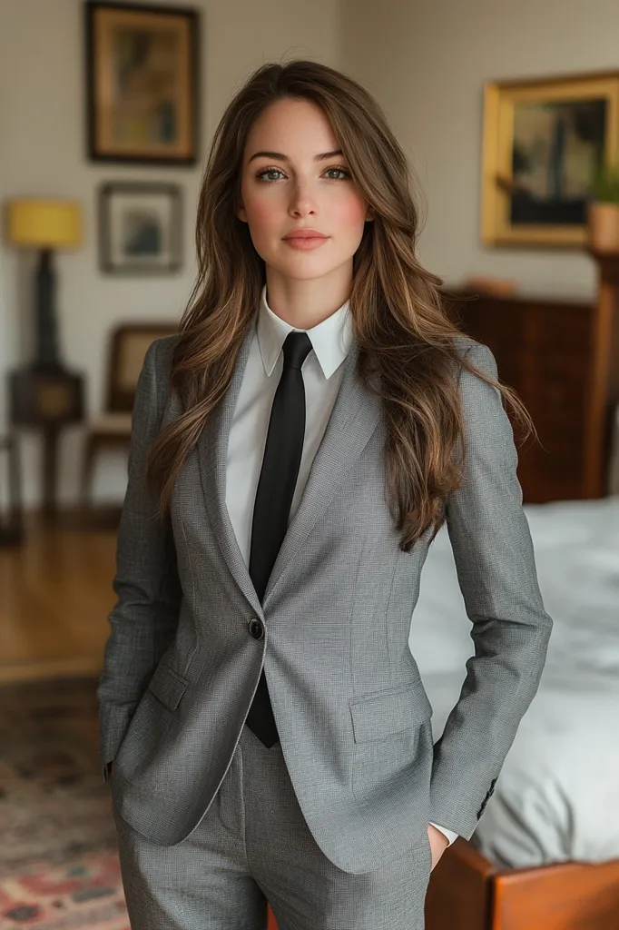 A young woman stands in a room, wearing a gray suit jacket and matching pants. She has long brown hair and is wearing a white collared shirt with a black tie. The room is decorated with paintings and a lamp. The woman looks confident and professional.