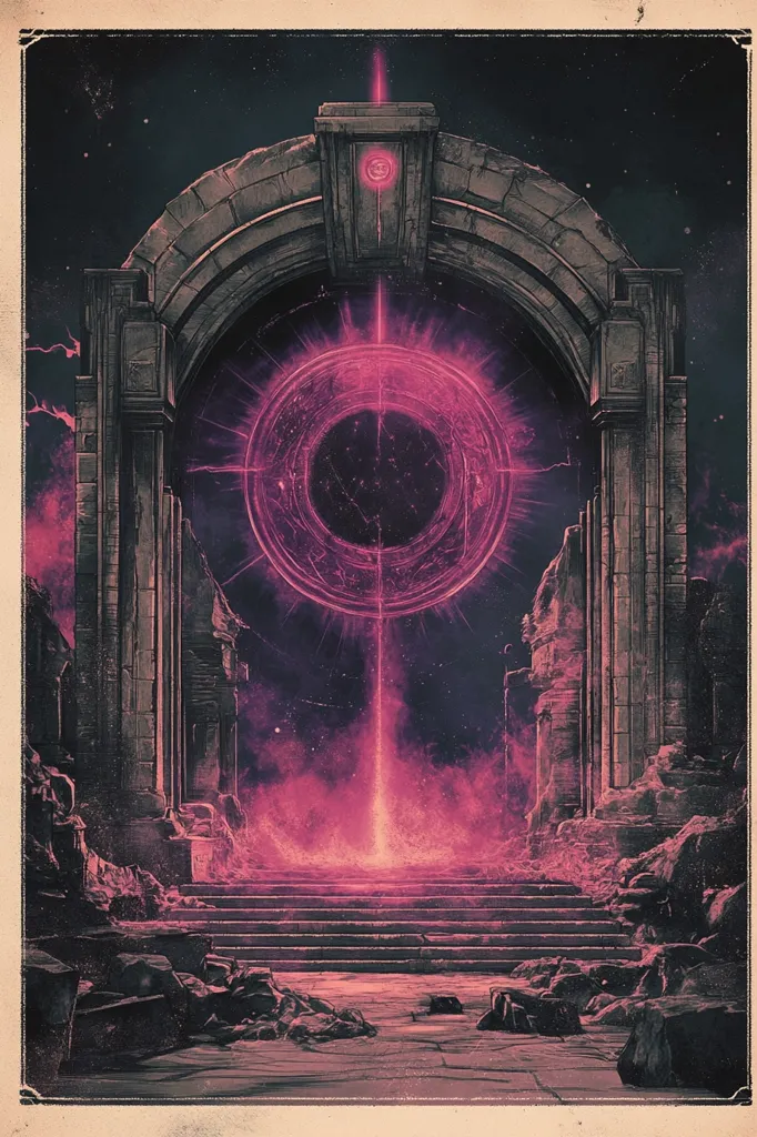 The image depicts a large, ancient archway set against a dark, starry sky. A vibrant, pink beam of light shoots through the center of the archway, emanating from a circular, glowing orb that fills the archway. The beam casts a glow on the stone steps leading up to the archway, and on the rocky landscape surrounding it. The overall atmosphere of the image is one of mystery and power.  The image has a vintage, faded effect to enhance the sense of age and history.  The image likely represents a portal or gateway to another realm.