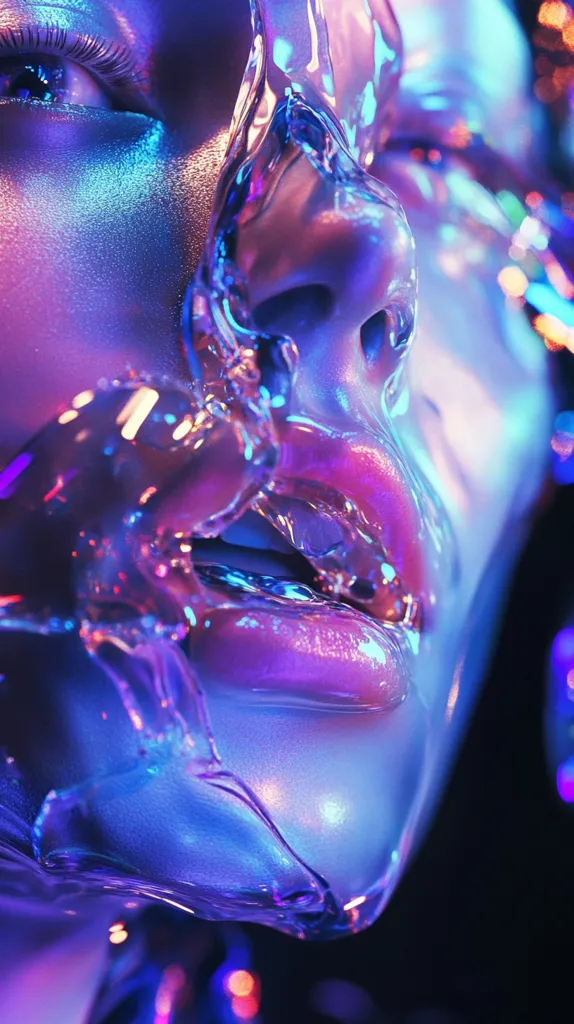 A close-up of a woman's face, illuminated with vibrant purple and blue lighting, is partially obscured by a translucent, flowing substance that resembles water or gel. The woman's lips are slightly parted, creating a sense of mystery and allure. The image is stylized and abstract, hinting at a futuristic or surreal aesthetic. The  glowing lights and smooth textures evoke a sense of otherworldly beauty.