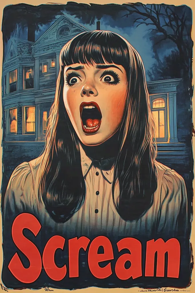 The image is a poster for the movie "Scream." It features a young woman with long black hair, wearing a white shirt. Her mouth is open in a scream, her eyes are wide with fear, and her face is pale. In the background, a large house looms, lit with yellow light. The title "Scream" is written in bold red letters at the bottom of the poster. The overall feeling of the poster is one of suspense and terror.