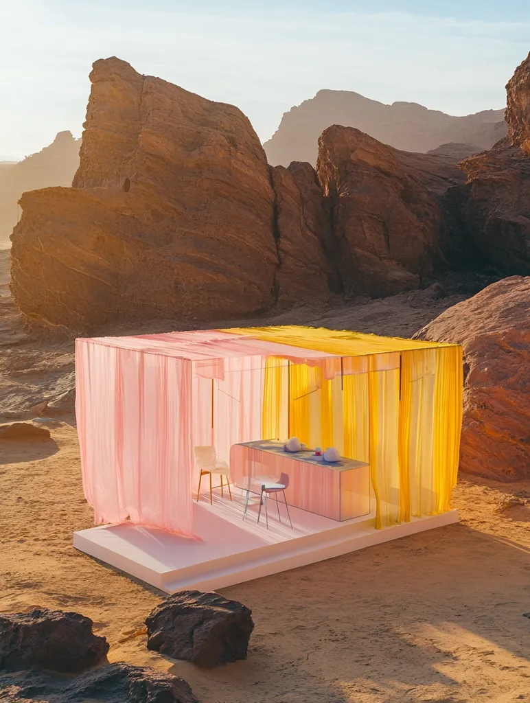 A minimalist structure made of pink and yellow fabric curtains stands in a desert landscape. The structure is a small, open-air pavilion with a white platform and a table and chairs inside.  The background features large, red rock formations and a hazy sky.  The scene creates a stark contrast between the soft colors of the fabric and the harsh landscape.