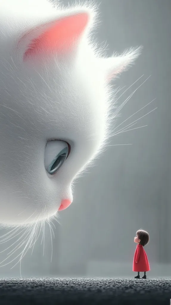A large, white cat with pink ears and a big, blue eye looks down at a small girl in a red dress standing on the ground. The girl is looking up at the cat with wonder and a slight smile on her face. The background is a soft gray, making the cat and girl the focus of the image. The image is a playful and whimsical depiction of the relationship between a cat and a child.