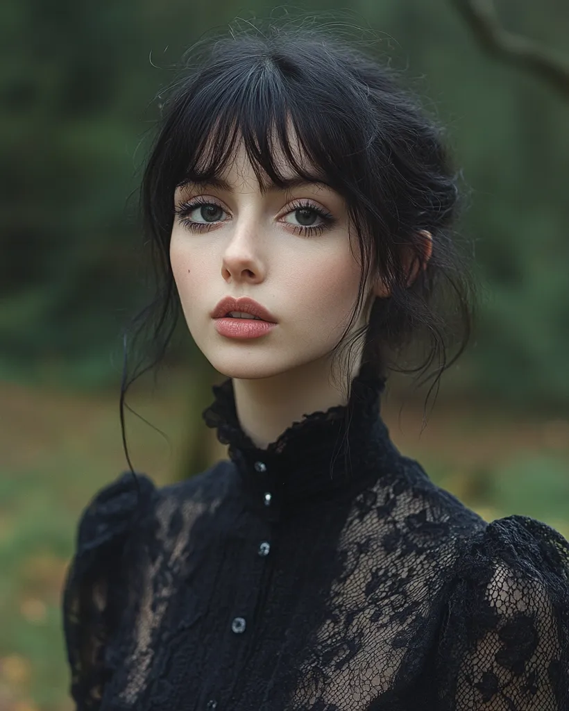 The image features a young woman with long, dark hair, parted in the center and styled with bangs that fall just above her eyebrows. She is wearing a black lace blouse with a high collar and a few buttons. Her eyes are a striking blue-gray, and her lips are painted a soft pink. The woman is looking directly at the camera with a neutral expression, creating an air of mystery and allure. The background is blurred, focusing attention on the woman's face and her elegant attire. The overall impression is one of sophistication and ethereal beauty.
