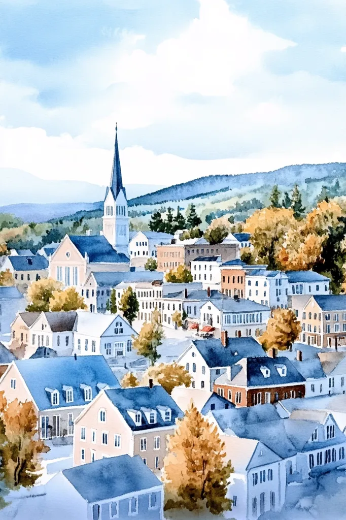 A watercolor painting depicts a charming town nestled amidst rolling hills.  The scene is dominated by a cluster of quaint, multi-colored houses with steep roofs, their facades adorned with windows. A prominent church spire rises above the rooftops, symbolizing the town's spiritual heart. Lush greenery and trees, some tinged with autumnal hues, add a touch of vibrancy to the composition. The sky is a soft blue, hinting at a gentle breeze. The overall impression is one of tranquility and peace, capturing the essence of a small-town idyll.