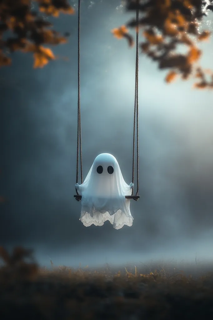 A white ghost with two black eyes is sitting on a swing in a foggy forest. The swing is suspended from two ropes and the ghost's white sheet is flowing in the breeze. The background is a soft blue with a hint of fog and the ghost is the only focal point in the image.  The image has a whimsical and ethereal quality.