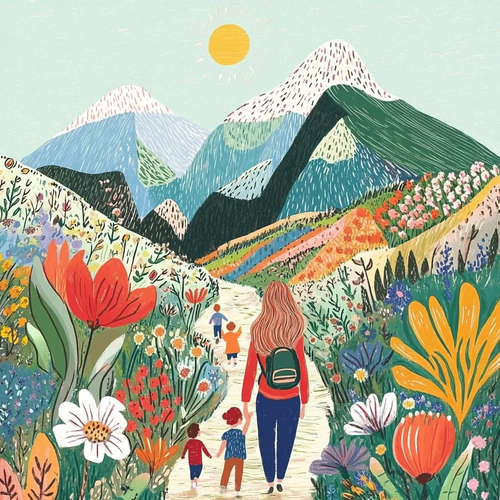 A family of five is walking up a path toward mountains. The path is lined with colorful flowers and the mountains are a mix of blue, green, and white. The sun shines brightly in the blue sky. The image has a whimsical, colorful, and joyful feel.