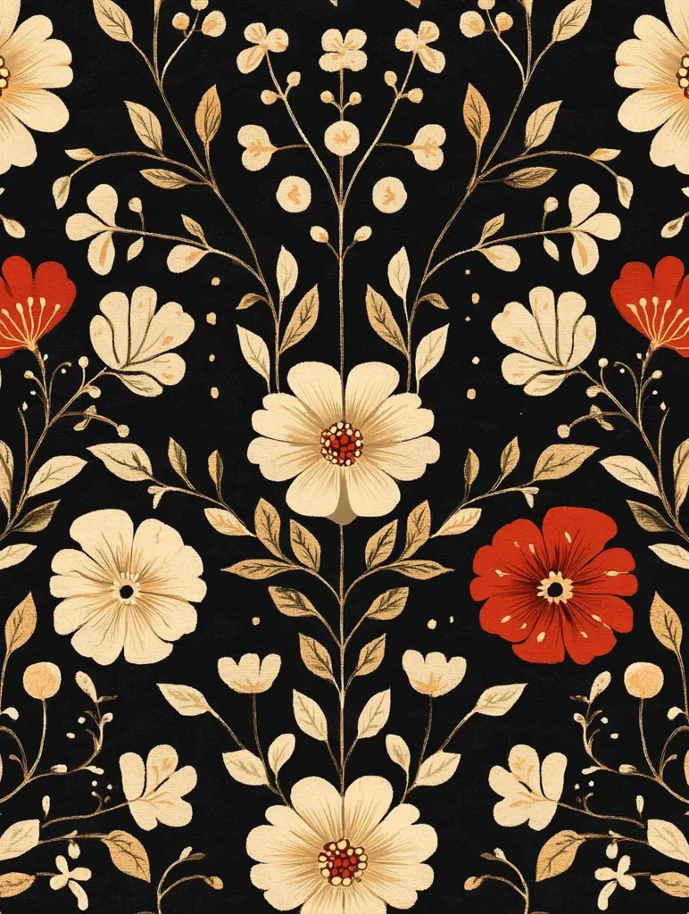 The image is a floral pattern with a black background. The flowers are white with red centers and are arranged in a symmetrical pattern. The leaves are a dark gold color, providing a contrast to the flowers. The overall effect is elegant and sophisticated.