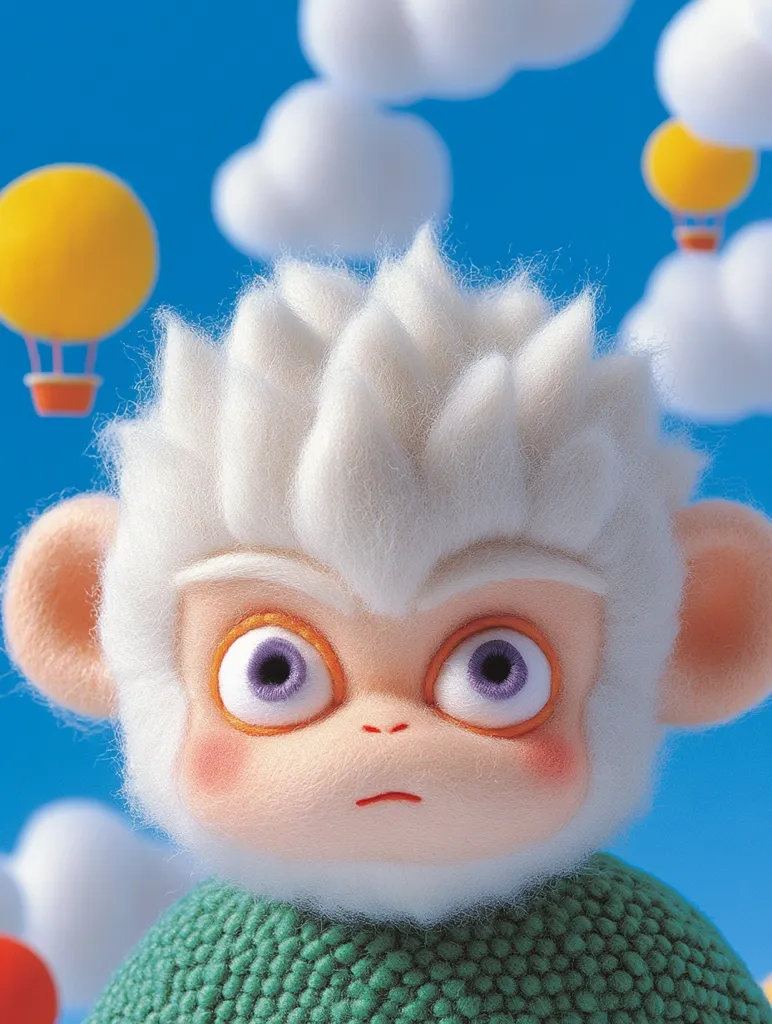 The image shows a cute, plush monkey with white fur, large purple eyes, and a green sweater. The monkey is looking straight at the viewer with a slightly concerned expression. The background is a blurred blue sky with fluffy white clouds and a yellow hot air balloon. The overall tone of the image is whimsical and playful.