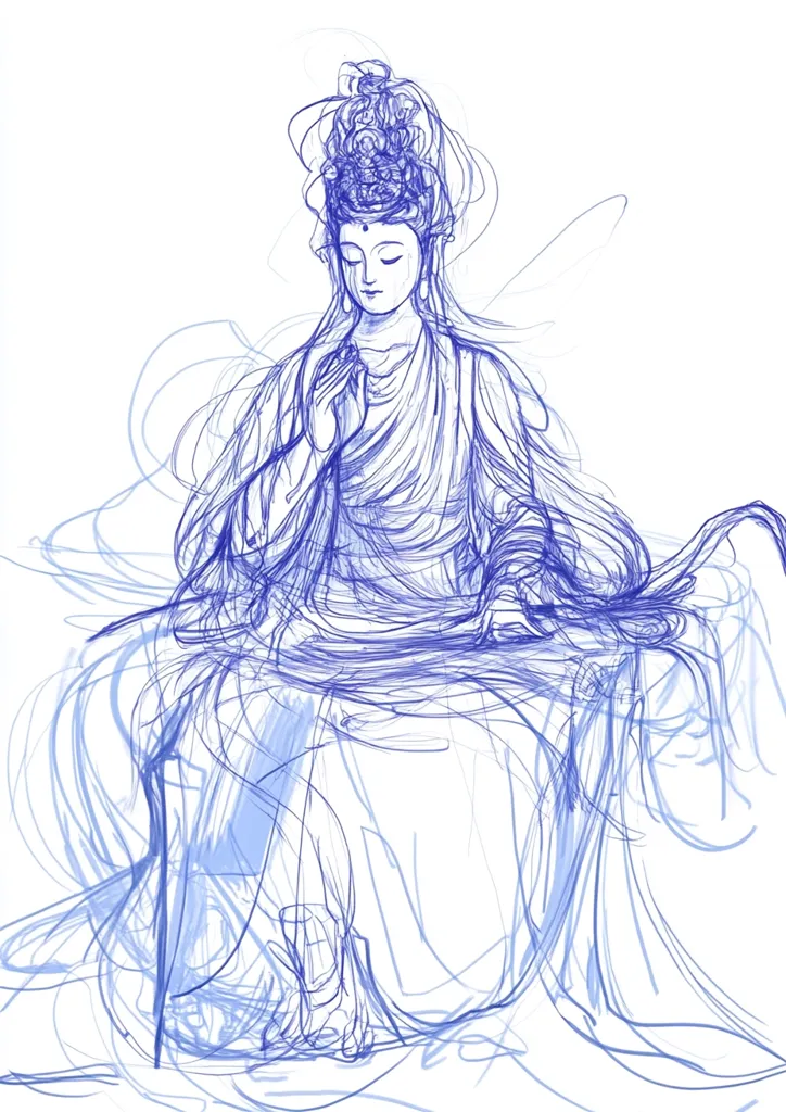 A blue line drawing of a female figure with long flowing hair and robes, seated in a meditative pose. The figure is rendered in a hazy, ethereal style, with the lines creating a sense of movement and fluidity. The drawing is minimalist and abstract, with an emphasis on the figure's form and the surrounding atmosphere. The background is mostly white, allowing the figure to stand out as the central focus. The drawing evokes a sense of tranquility and contemplation.