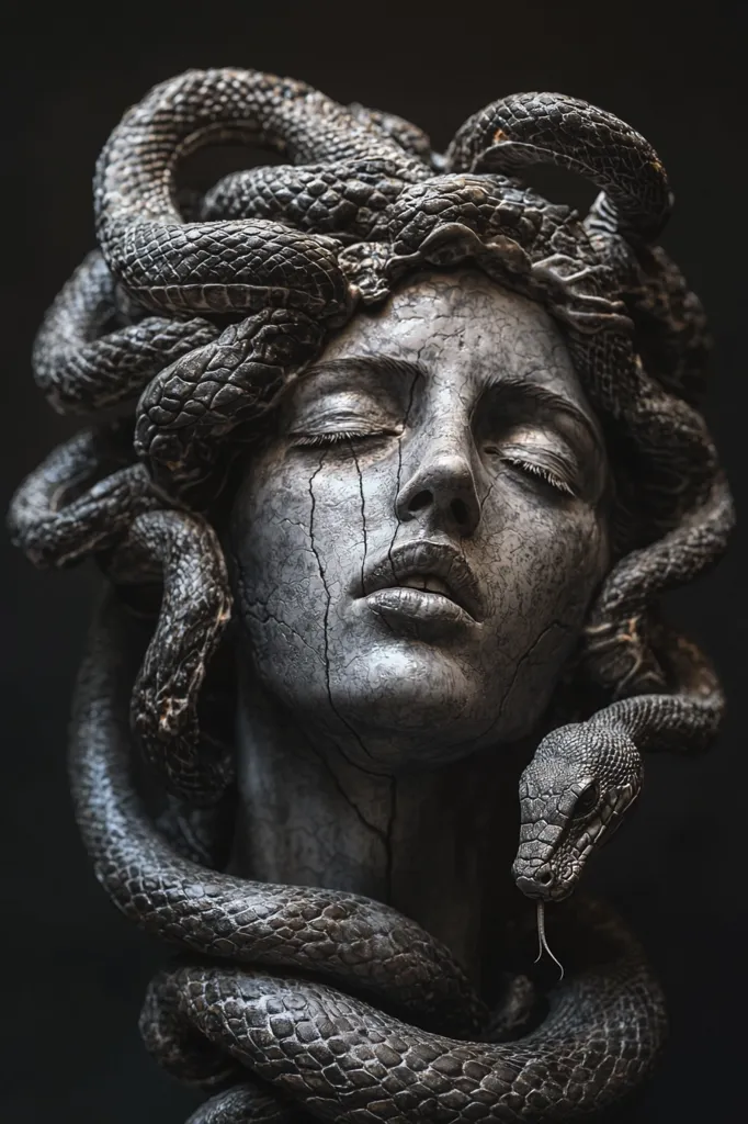 A close-up of a sculpture of Medusa, the Greek Gorgon, with her hair made of snakes. The sculpture is in a dark, mysterious setting, with the snakes winding around her face and neck.  Her eyes are closed, and her expression is serene, despite the terrifying nature of her appearance. The detailed craftsmanship of the sculpture is evident in the intricate scales of the snakes and the textured surface of her skin.