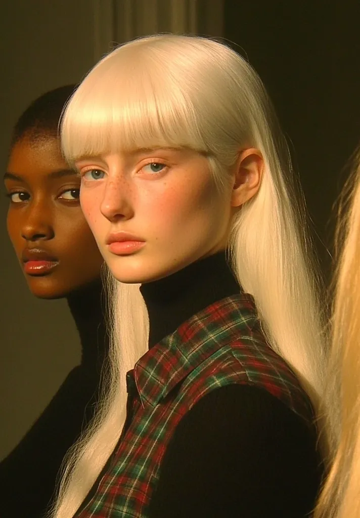 A young woman with long, platinum blonde hair and a blunt fringe is the focus of the image. She is wearing a black turtleneck and a plaid shirt with the collar open. She is looking directly at the camera with a neutral expression, while a second woman with dark skin and short hair is partially visible behind her. The lighting is warm and soft, highlighting the woman's features and creating a moody atmosphere.  The image has a minimalist style with a focus on the woman's striking appearance.
