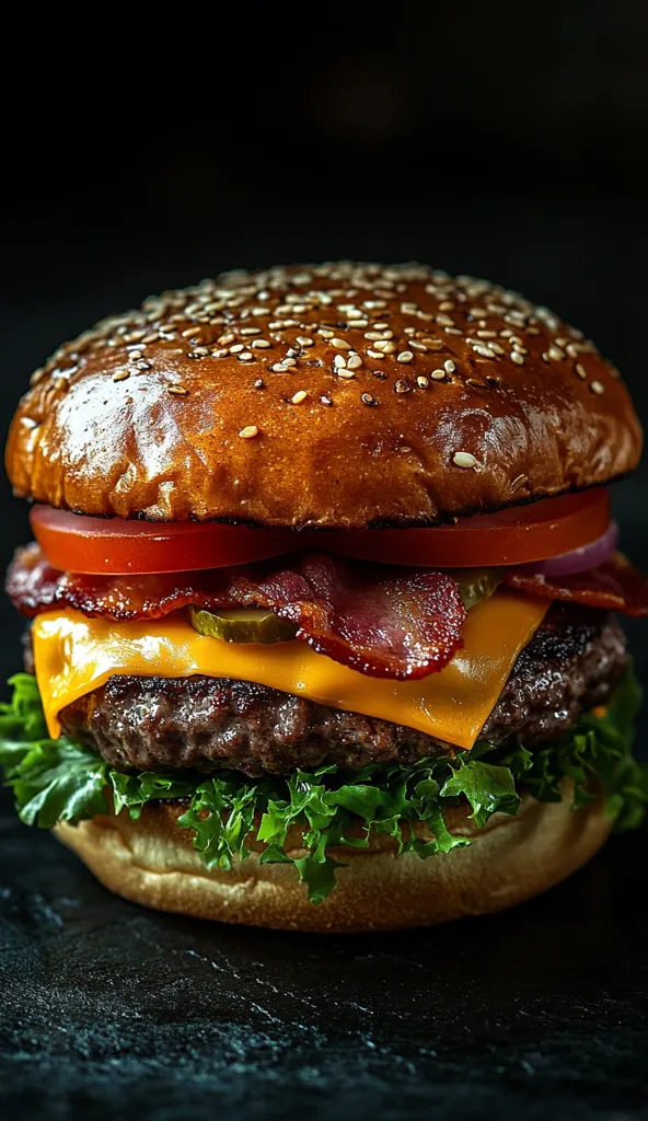 A close-up of a juicy burger with a sesame seed bun, a thick beef patty, melted cheese, crispy bacon, fresh lettuce, and a slice of tomato. The burger is resting on a dark surface, creating a visually appealing contrast. The image highlights the deliciousness and mouthwatering nature of the burger.