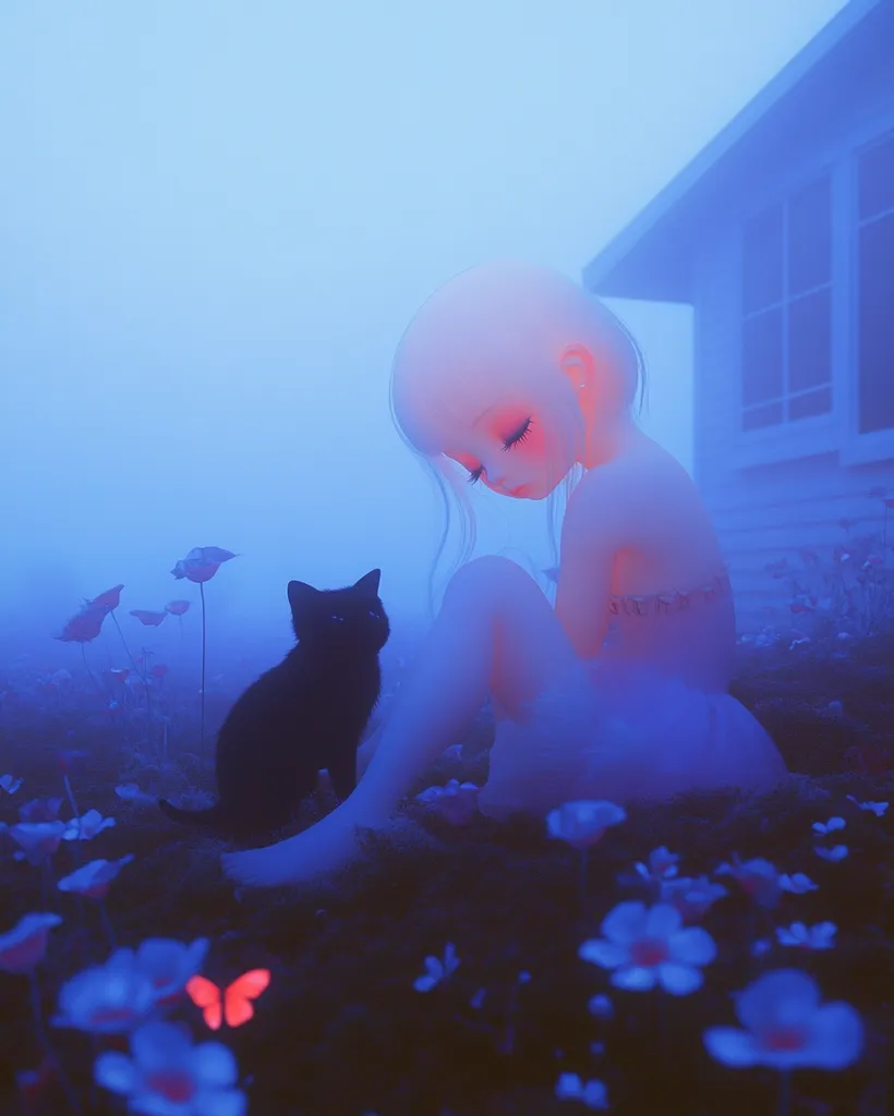 A young girl with long, white hair sits in a field of blue flowers. She is wearing a white dress and has a black cat next to her. The girl is looking down and appears sad. The background is a blurry blue, suggesting a misty or foggy atmosphere. The scene evokes a sense of melancholy and solitude.