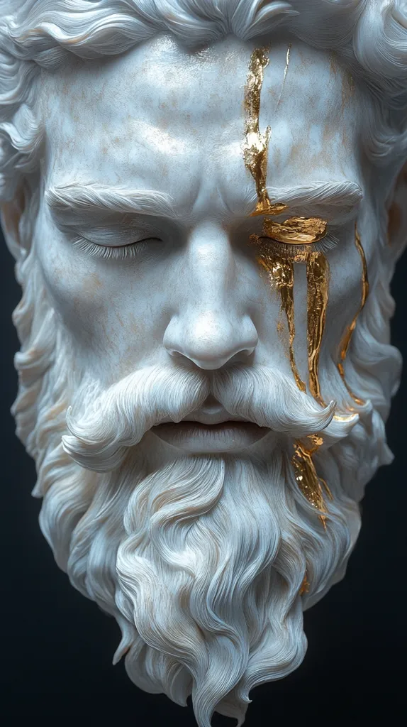 The image shows a close-up of a man's face, sculpted in a marble-like material. His eyes are closed, and his face is calm, almost serene.  The most striking detail is a streak of gold paint running down his face, adding a touch of luxury and intrigue to the image. His thick, white beard flows downwards, adding to the sense of tranquility and power. The contrast between the smooth, white stone and the shimmering gold creates a captivating and intriguing aesthetic.