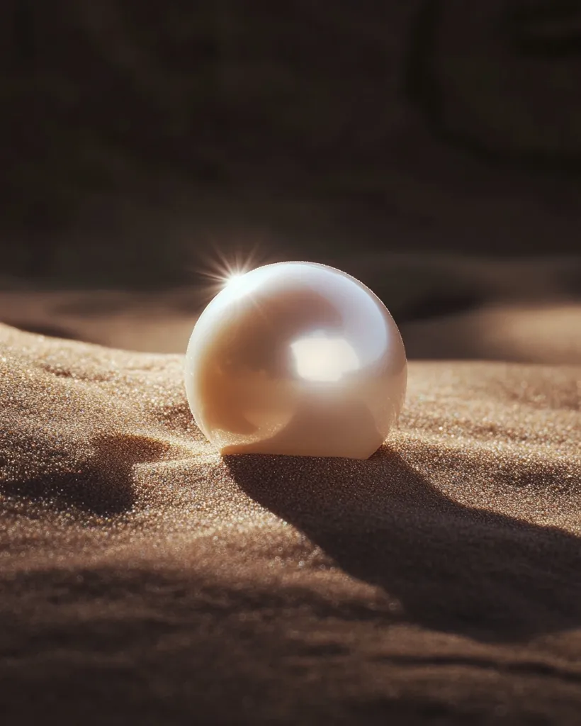 A large, perfectly round pearl lies on a bed of fine, golden sand. The pearl is illuminated from the top, casting a soft glow across its surface and creating a delicate shadow beneath it. The background is a dark, out-of-focus blur, drawing all attention to the pearl and its delicate beauty.