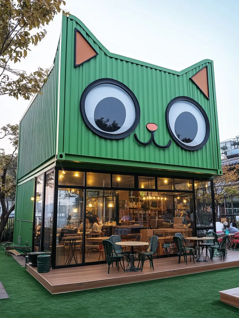 A charming cafe with a whimsical design, resembling a friendly green cat with large, cartoon eyes. The cafe is constructed from shipping containers, creating a unique and modern aesthetic. Large windows offer a view of the cozy interior, where patrons enjoy coffee and conversation. The surrounding green grass and trees complete the inviting and playful atmosphere.