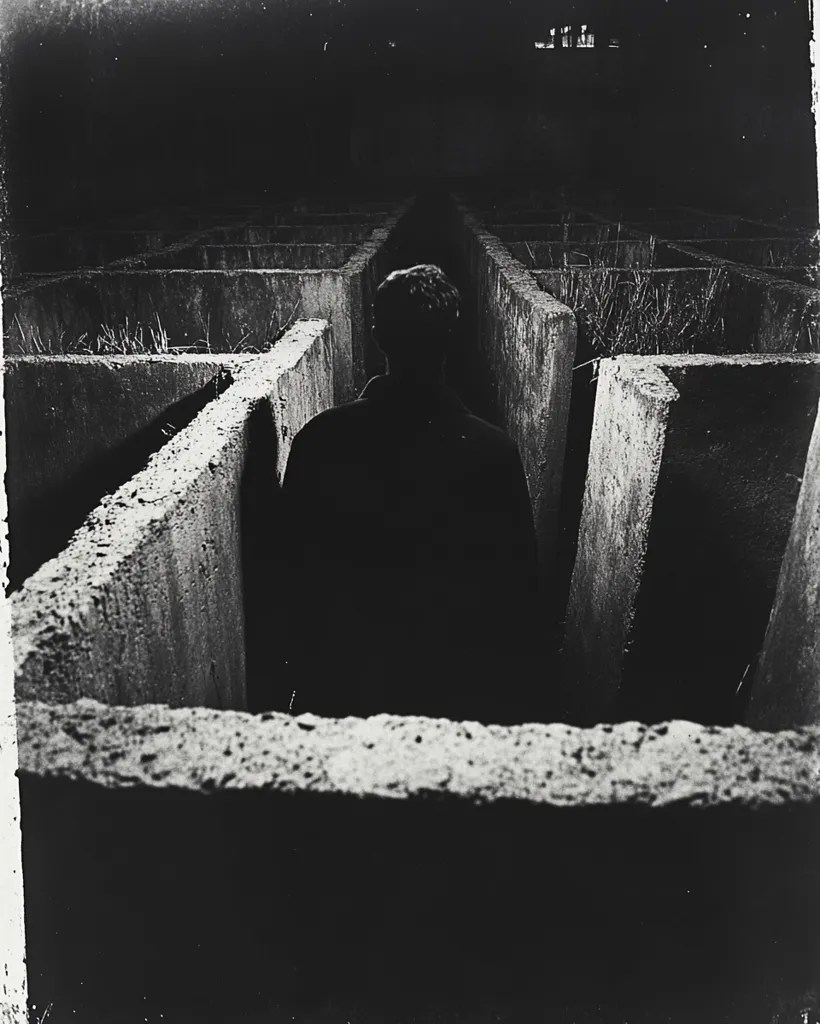 A black and white photograph of a person walking through a maze-like structure. The person is silhouetted against the background, and the maze is made of concrete blocks. The image is dark and mysterious, with a sense of isolation and uncertainty. The image is captured in a low-angle shot, emphasizing the imposing nature of the structure. The texture of the concrete blocks is visible, adding to the gritty feel of the image. The overall effect is one of starkness and loneliness.