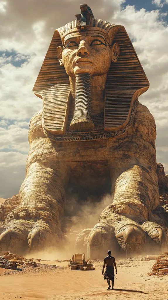 A colossal stone statue of a pharaoh, resembling the Great Sphinx of Giza, stands majestically in a desolate desert landscape. The statue's weathered face, adorned with intricate carvings, gazes stoically into the distance. Its massive paws, partially buried in the sand, create a sense of awe and scale. A lone figure walks towards the statue, dwarfed by its immensity, creating a stark contrast of human presence against the ancient monument. The image evokes a sense of mystery and timelessness, transporting the viewer to an ancient world of forgotten secrets and enduring grandeur.
