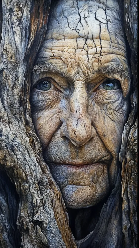 The image shows a close-up of an elderly woman's face, partially obscured by a tree trunk. Her skin is wrinkled and weathered, with deep lines etched across her forehead and cheeks. Her eyes are a deep, knowing brown, and her lips are slightly parted in a subtle smile. The image is a striking example of the beauty of aging and the connection between humans and nature. The juxtaposition of the woman's face with the tree bark creates a sense of unity and interconnectedness. The overall tone of the image is one of quiet wisdom and peace.