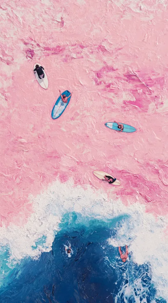 An aerial view of a beach with four people on surfboards in a pink and white ocean.  They are all laying on their boards. Below them the water is a deep blue with white foam breaking at the top. Two people are swimming near the center of the blue ocean. The image is painted with thick brushstrokes.