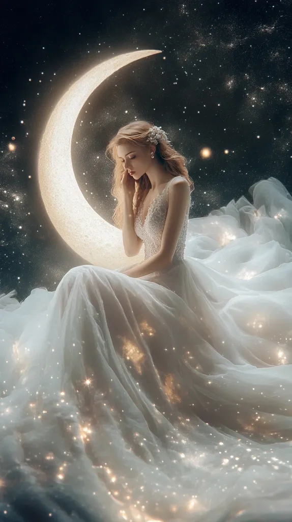 A young woman in a flowing white gown sits in a dreamlike setting. She is surrounded by a crescent moon and a field of twinkling lights, creating a magical and ethereal atmosphere. The woman's soft features and delicate pose enhance the sense of wonder and enchantment. The image evokes feelings of romance, fantasy, and a connection to the celestial world.