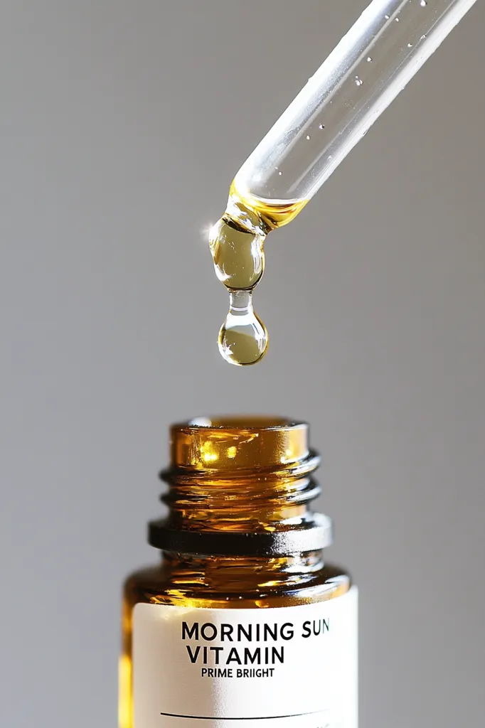 A clear glass dropper is dispensing a golden-yellow liquid, creating a perfect teardrop shape, into a small amber bottle labelled "Morning Sun Vitamin - Prime Bright".  The background is a soft gray. The image emphasizes the product's quality and focus on natural ingredients.