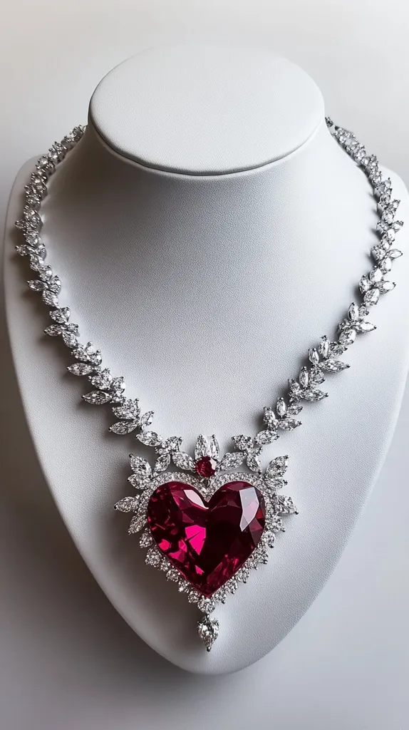 A stunning diamond necklace with a large, heart-shaped ruby pendant. The necklace is made of delicate white gold and is adorned with sparkling diamonds that accentuate the brilliant red ruby. The heart-shaped pendant is set in a intricate design with diamond embellishments, creating a luxurious and eye-catching piece of jewelry.