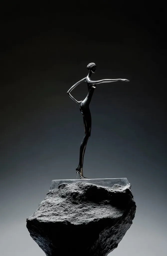 The image shows a silver sculpture of a woman standing on a large, dark gray rock. The woman is depicted in a stylized, almost abstract, form. Her body is elongated and her limbs are thin. She is reaching out with her right arm, and her left hand rests on her hip. The sculpture is set against a dark gray background, which makes the silver of the statue stand out. The composition is simple and striking, and the lighting is dramatic, creating a sense of mystery and intrigue.