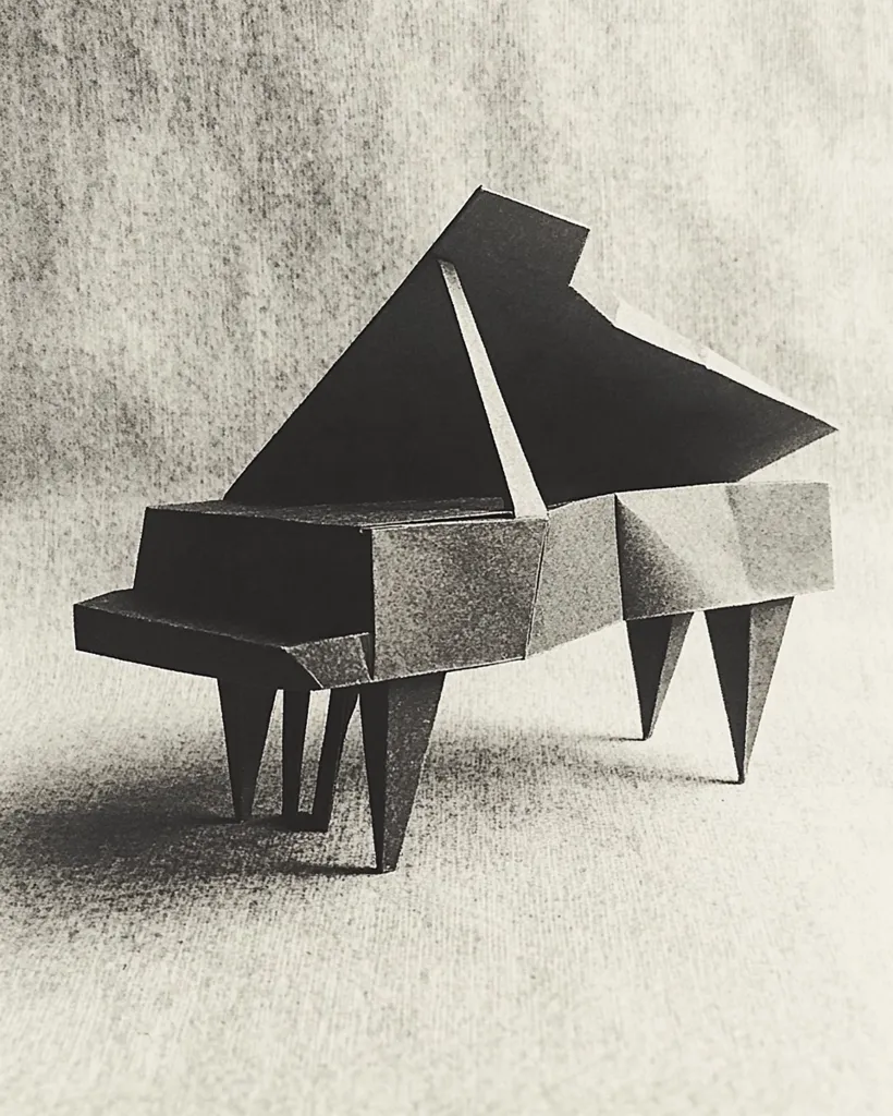 A black and white photo of a paper origami piano. The piano is made of folded paper and has a simple, geometric design. It is sitting on a textured surface. The photo is taken from a slightly elevated angle, giving the viewer a good view of the piano's shape. The lighting is soft and diffused, creating a gentle, atmospheric effect. The photo captures the beauty and simplicity of origami art.