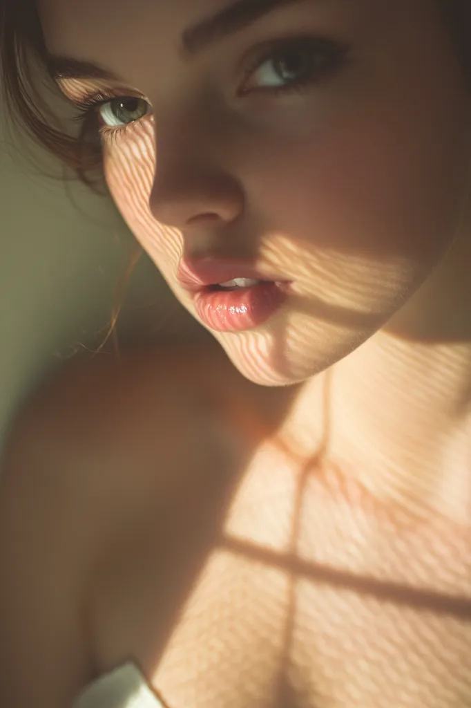 A close-up portrait of a young woman, captured from the chest up. Her eyes are closed, and her face is bathed in warm, natural light. The shadows of a window pane are cast across her face and shoulders, adding a sense of depth and intrigue to the image. Her lips are slightly parted, and her skin appears smooth and radiant. The overall effect is one of calmness and beauty.