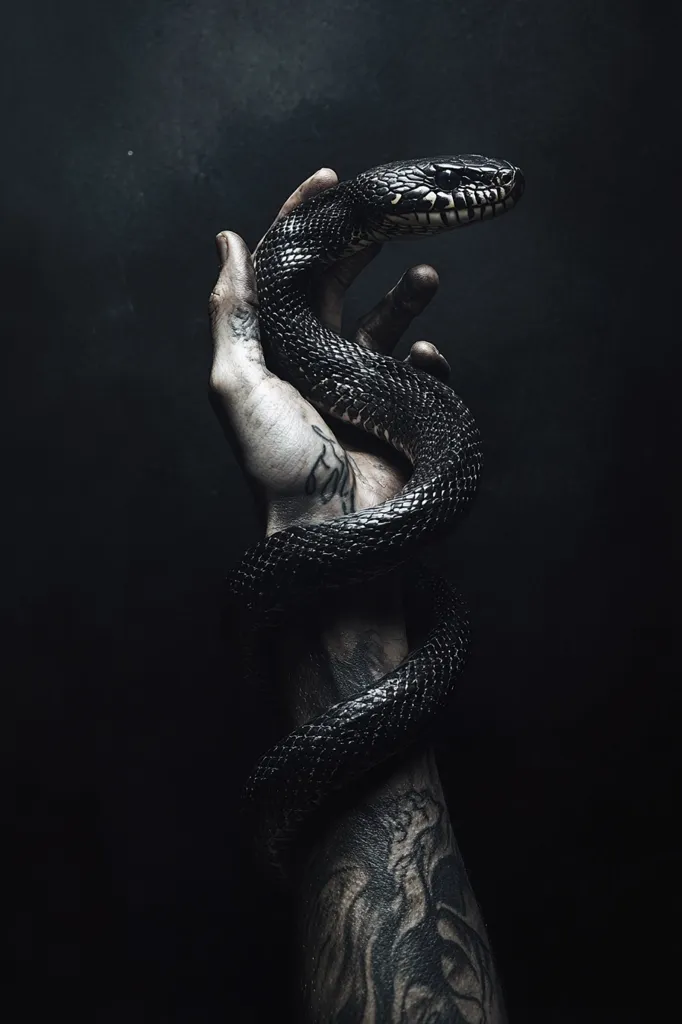 A black snake is wrapped around a tattooed forearm. The snake is coiled tightly, its head tilted upwards. The background is a dark, shadowy expanse. The image has a dark and mysterious aesthetic, suggesting a sense of danger and intrigue. The contrast between the light snake and the dark background creates a dramatic effect. The image is likely a study of the relationship between humans and nature, specifically the power and beauty of snakes.