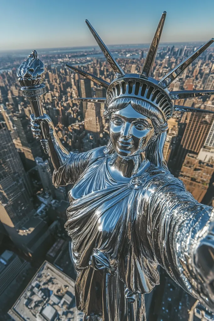 The Statue of Liberty is depicted in a futuristic, chrome-plated finish, towering over a sprawling city skyline. Her iconic torch is held aloft, casting a glimmering reflection, while her gaze is directed towards the viewer. The image captures a sense of grandeur and power, reimagining the American symbol in a modern, metallic aesthetic. The city below, seemingly endless, serves as a stark backdrop to the magnificent statue, creating a striking juxtaposition between the timeless and the futuristic.