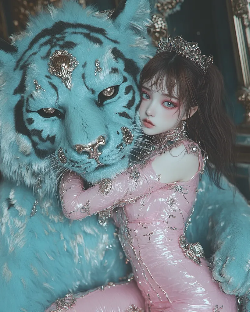 A young woman with long dark hair, wearing a pink, sequined jumpsuit and a jeweled crown, is posing with a large, blue, tiger-like creature. The creature has a golden ornament on its forehead. The woman is looking towards the camera while leaning into the creature. The background is blurred and out of focus. The image has a fantastical and dreamlike quality.