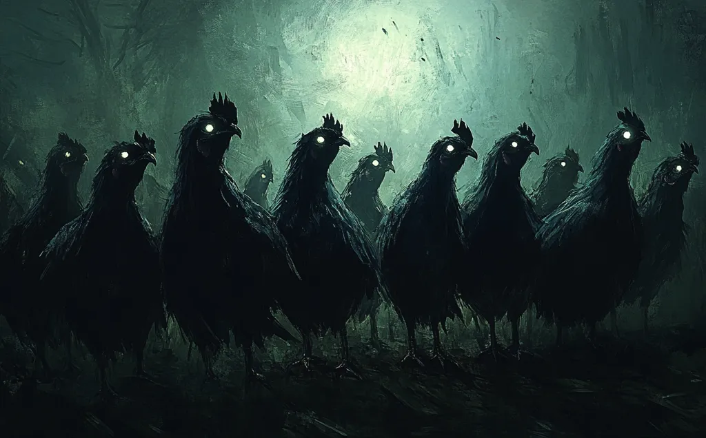 A flock of black chickens with glowing white eyes stand in a dark, green forest. The image has a creepy and unsettling vibe, with the chickens' intense stares creating a sense of unease. The dimly lit environment and shadowy figures add to the mysterious and eerie atmosphere.